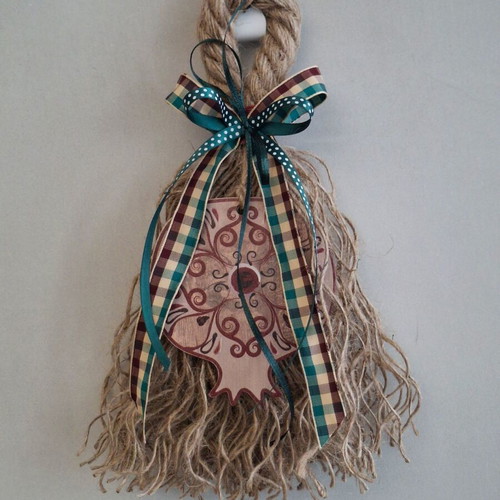 Handmade hanging charm with large wooden pomegranate in beige and burgundy