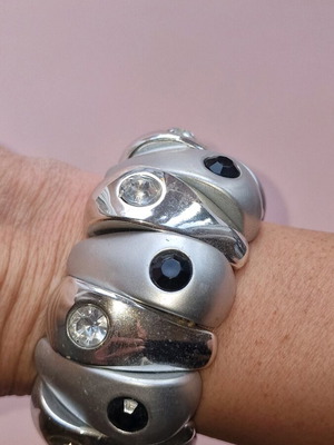 Elastic bracelet used, silver with black and clear rhinestones