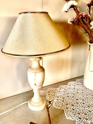 Vintage alabaster table lamp used, with fabric shade