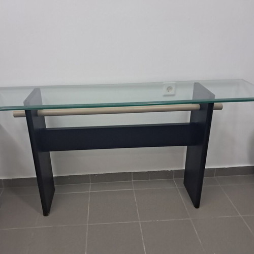 Glass table in two parts, wood and glass, black and beige
