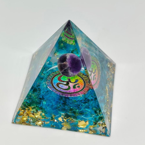 Orgonite pyramid with amethyst and Om symbol like new