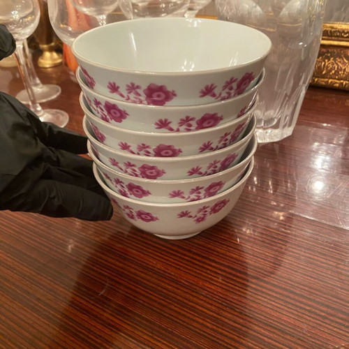 Porcelain bowls used, set of 6 with pink flowers and gold detail