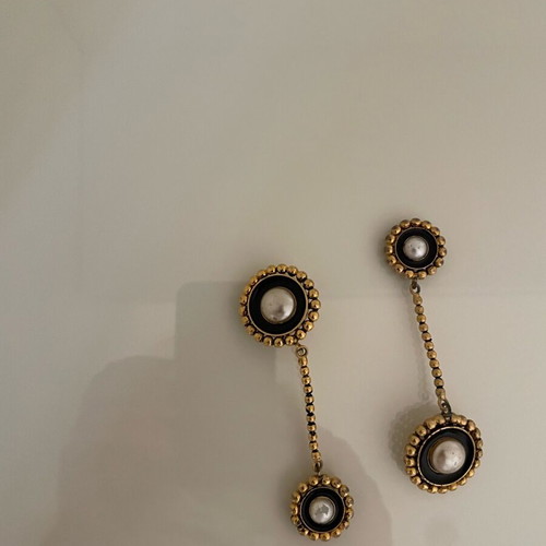 Lancetti metal gold earrings with pearl and black enamel like new
