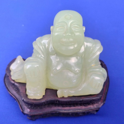Vintage Budai figurine, handmade natural hard stone, celadon style