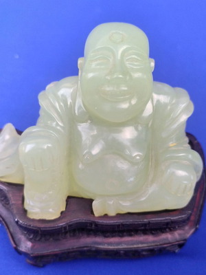 Vintage Budai figurine, handmade natural hard stone, celadon style