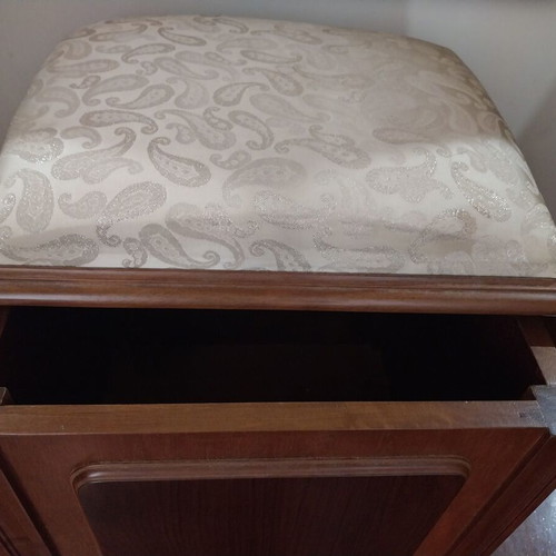 Wooden stool with fabric seat and storage