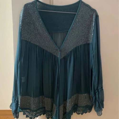 Silk boho blouse tunic with sequins and lace, one size