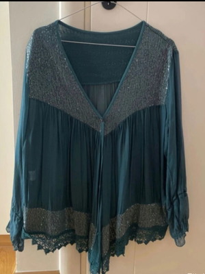 Silk boho blouse tunic with sequins and lace, one size