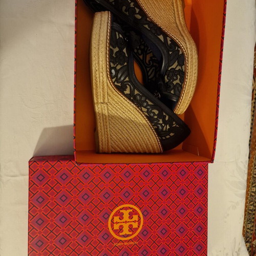 Tory Burch Peep Toe Espadrilles Like New, Leather, Size 39, Blue