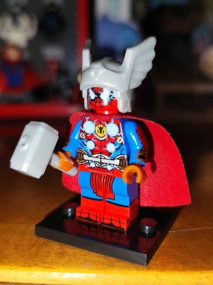 Spider-Thor figure like new with stand, red cape, Mjolnir