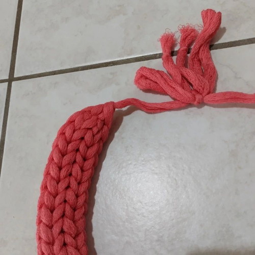 Handmade chunky coral red knitted necklace