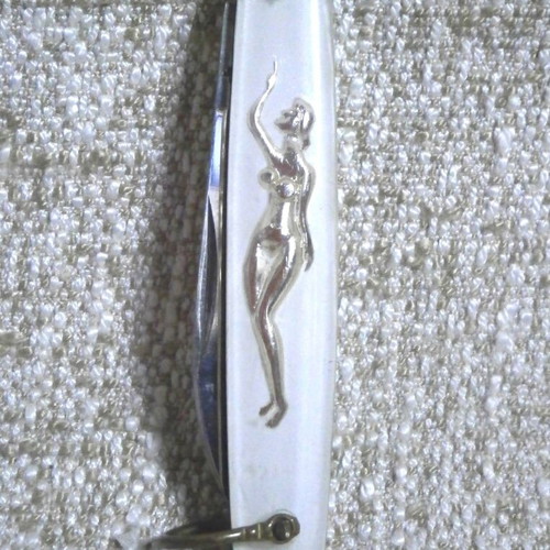 Folding Knife with Enameled Handle and Nude Figure, Stainless Steel Blade, 1960s
