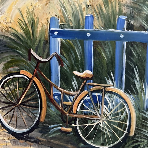 Original Mediterranean oil painting with bicycle, framed