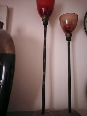 Floor candlesticks set of 2 used, metal and glass, 70cm and 60cm