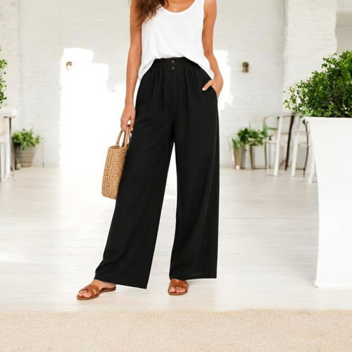 Wide leg pants new with decorative buttons, elastic waist, black