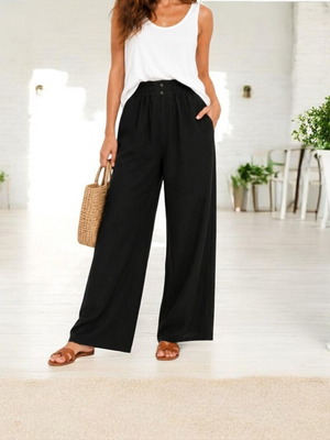 Wide leg pants new with decorative buttons, elastic waist, black