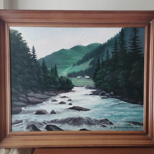 Oil painting on canvas signed 2005, like new, framed mountain landscape