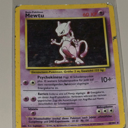 Pokémon Mewtu Holo Rare card used, Base Set 1999 German edition