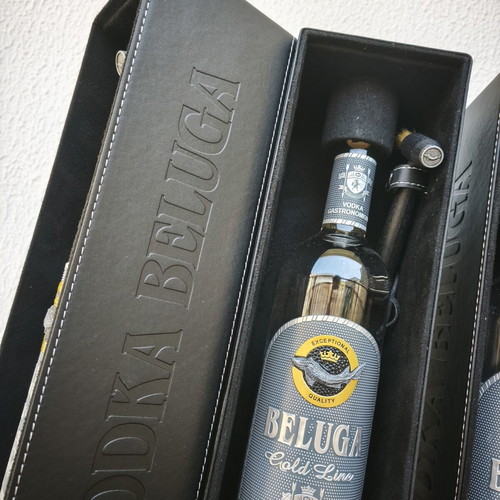 Beluga Gold Line vodka set of 3 with luxury case and opener, like new