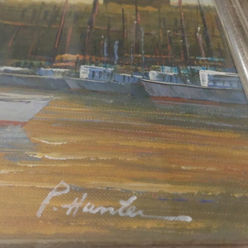 Oil painting on canvas like new, Rhodes harbor, signed by P. Hunter