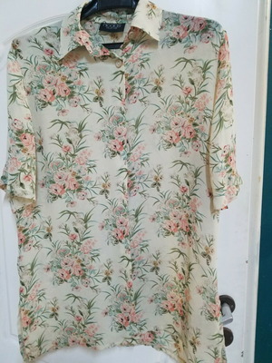 Women's shirt small used, beige and pink, short sleeve, sheer