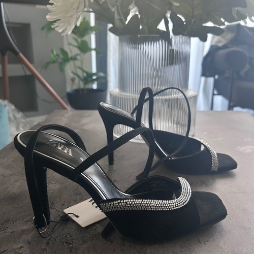 Zara Black High-Heeled Strappy Evening Sandals Size 38 New
