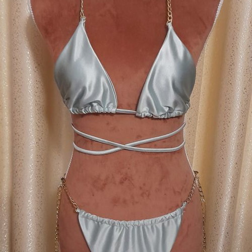Satin triangle bikini swimsuit with chains light blue