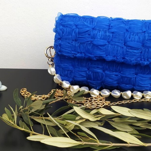 Organza Shoulder Bag new, royal blue with pearl handle and gold chain