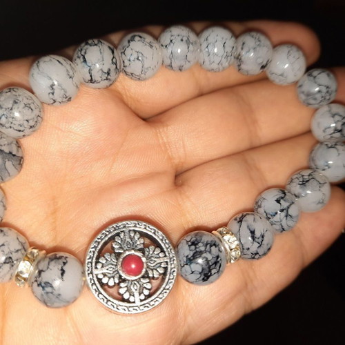 Bracelet with gray haolite semi-precious stones and metal cross new