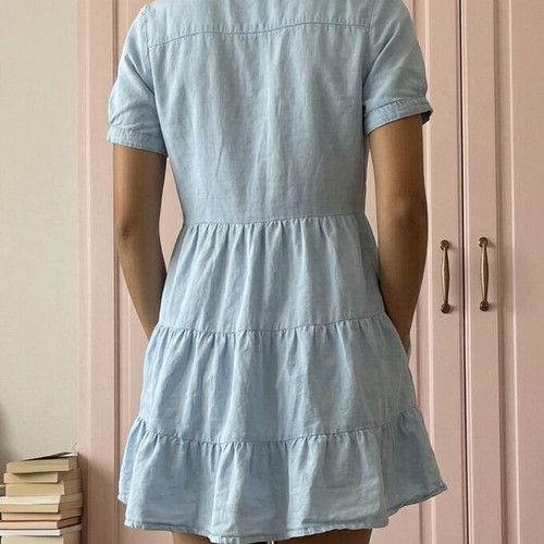 Zara Linen Viscose Light Blue Tiered Mini Dress like new