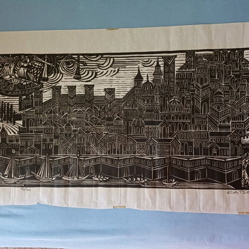 Linocut engraving by Katselis limited edition, like new