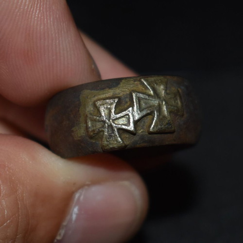 German double iron cross ring used, bronze