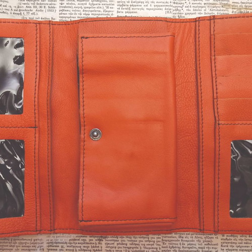 Leather wallet new, orange with black stitching