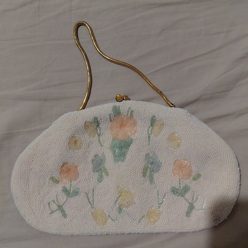 Vintage handbag used, white and gold, 60s style