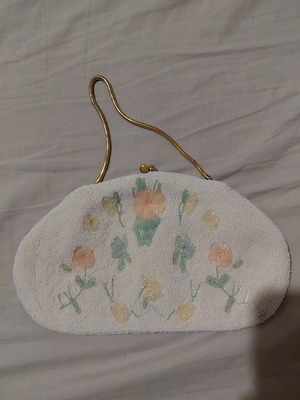 Vintage handbag used, white and gold, 60s style