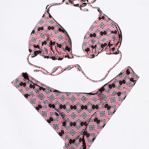 Bikini set cheeky bottom pink black pattern medium like new