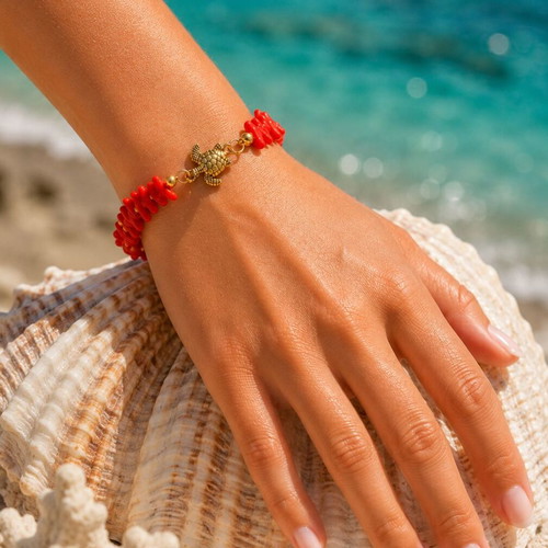 Handmade Bracelet with Semi-Precious Stones Coral and Hematite