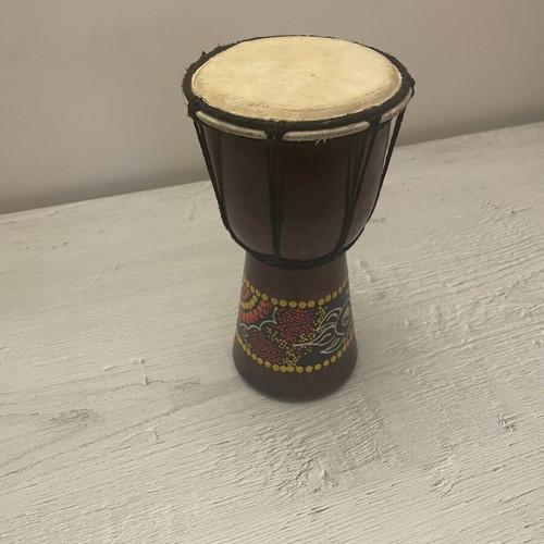 Djembe drum used, handmade African percussion with decorative ethnic design
