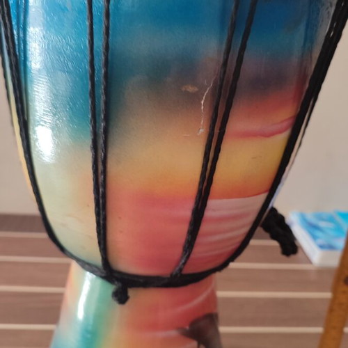 Wooden handmade djembe used, hand-painted tropical design 30x28 cm