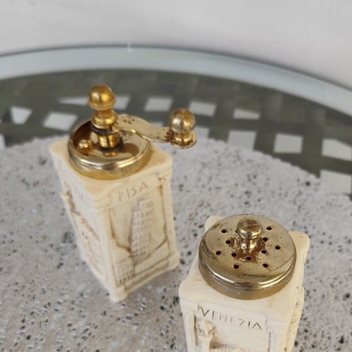 Italian vintage salt shaker and pepper mill set used, neoclassical style