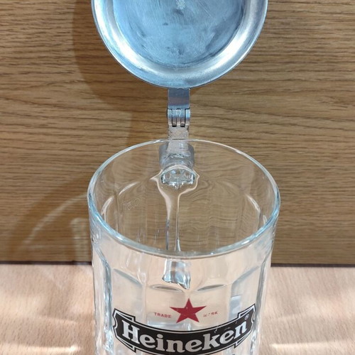 Heineken beer glass mug 500ml used with metal lid from Athenian Brewery