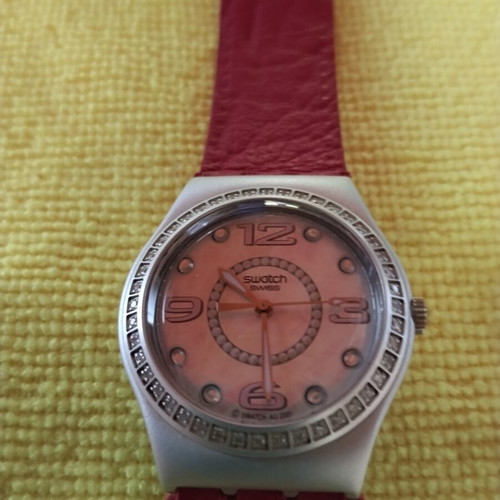 Swatch collectible watch with stones and leather strap, red and pink