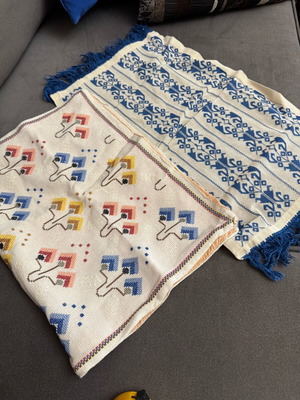 Handmade table runners with colorful and blue-white designs