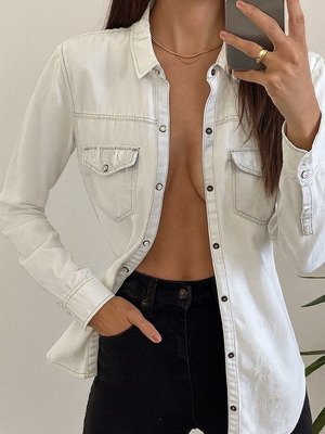 Denim jeans πουκάμισο γυναικείο Stradivarius καινούργιο, άσπρο, Small