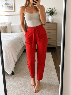 High-waisted red cotton pants, size M