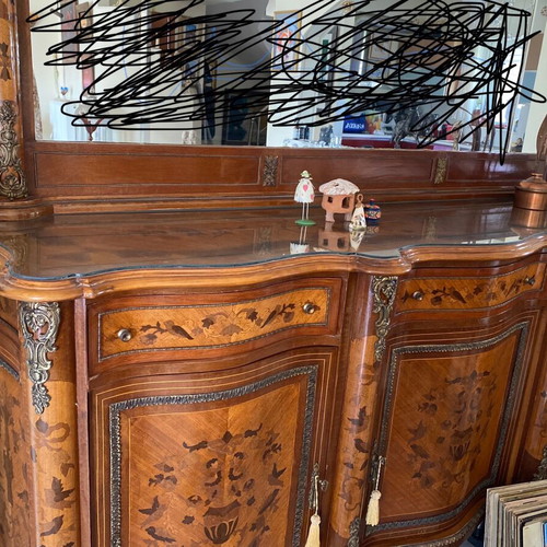 Louis XVI style buffet with mirror, like new, oak wood and marquetry