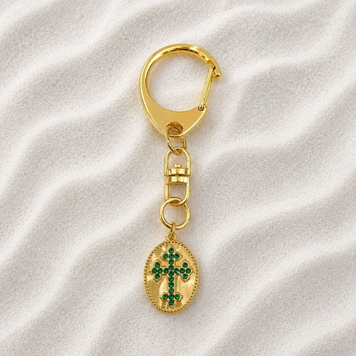 Metal keychain cross with steel pendant and strass, new