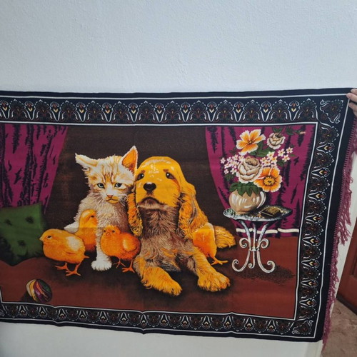 Velvet wall hanging with colorful dog, cat and chicks design, vintage