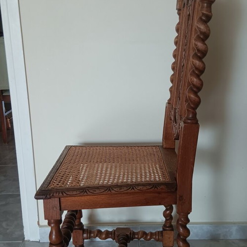 French antique Henry II Louis XIII dining set, walnut and oak, 6 chairs
