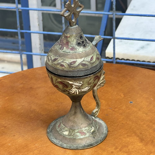 Vintage metal censer with cross, used, 17x10 cm